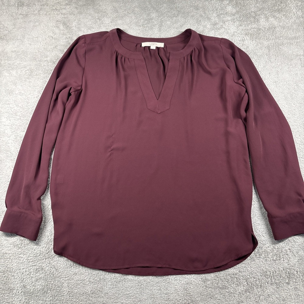 Loft Women's Semi Sheer V-Neck Blouse Burgundy Size Medium